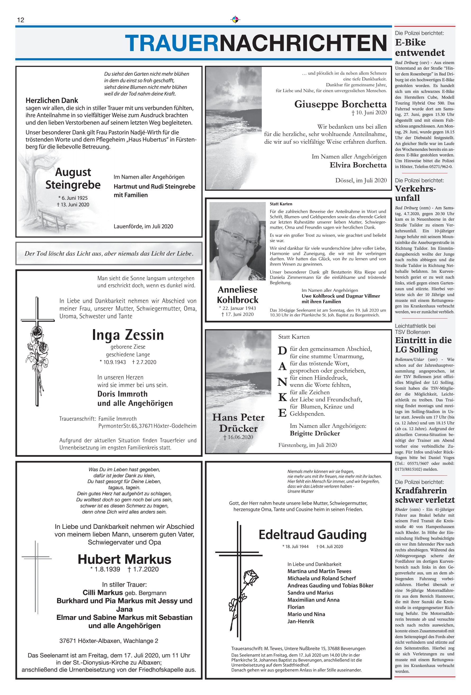 TRAUERNACHRICHTEN Inga Zessin