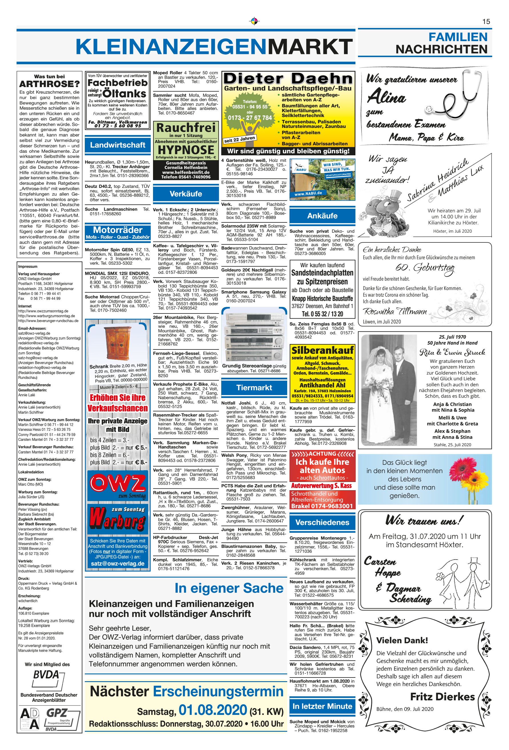 KLEINANZEIGENMARKT N&auml;chster Erscheinungstermin