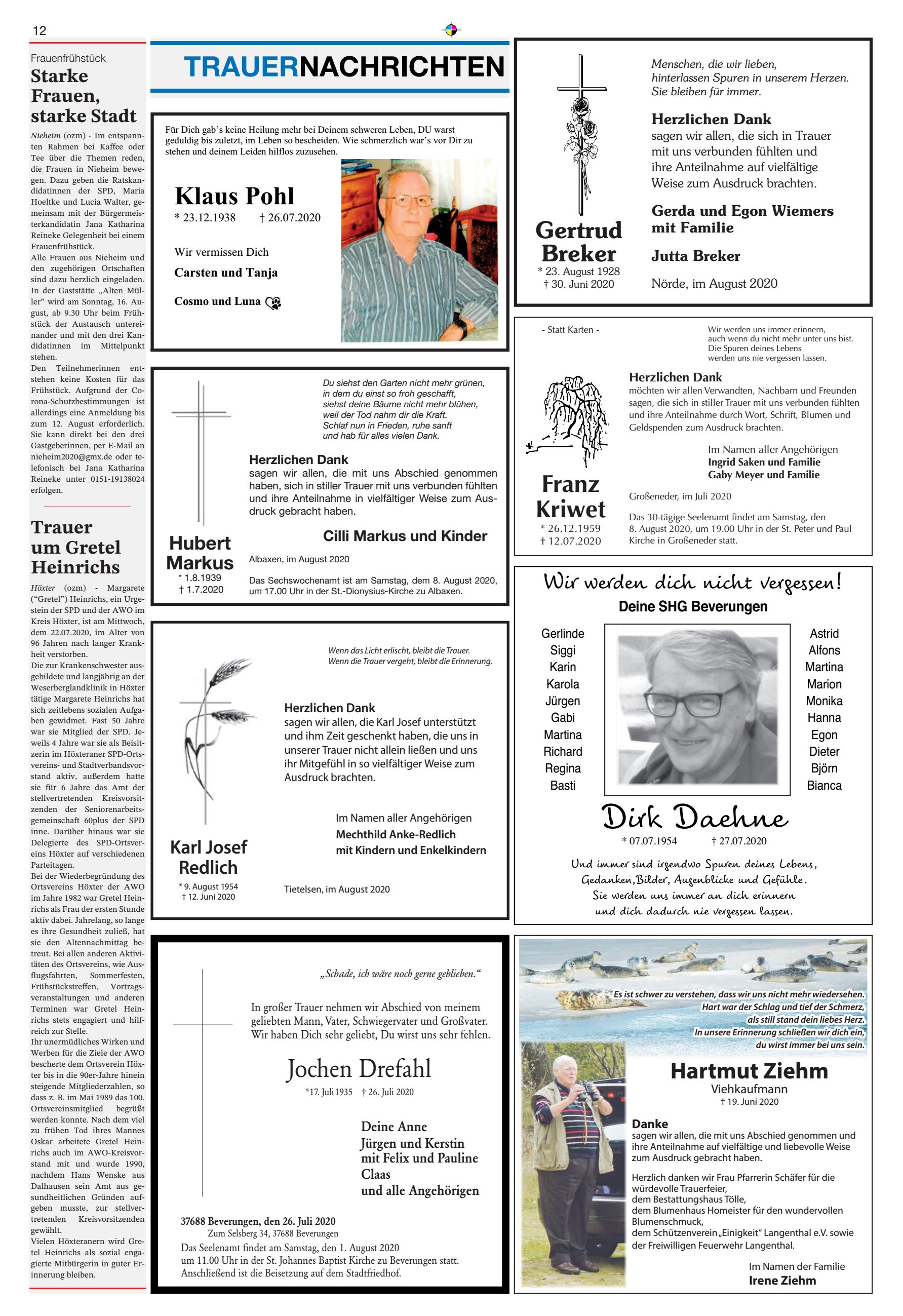 TRAUERNACHRICHTEN Franz Kriwet