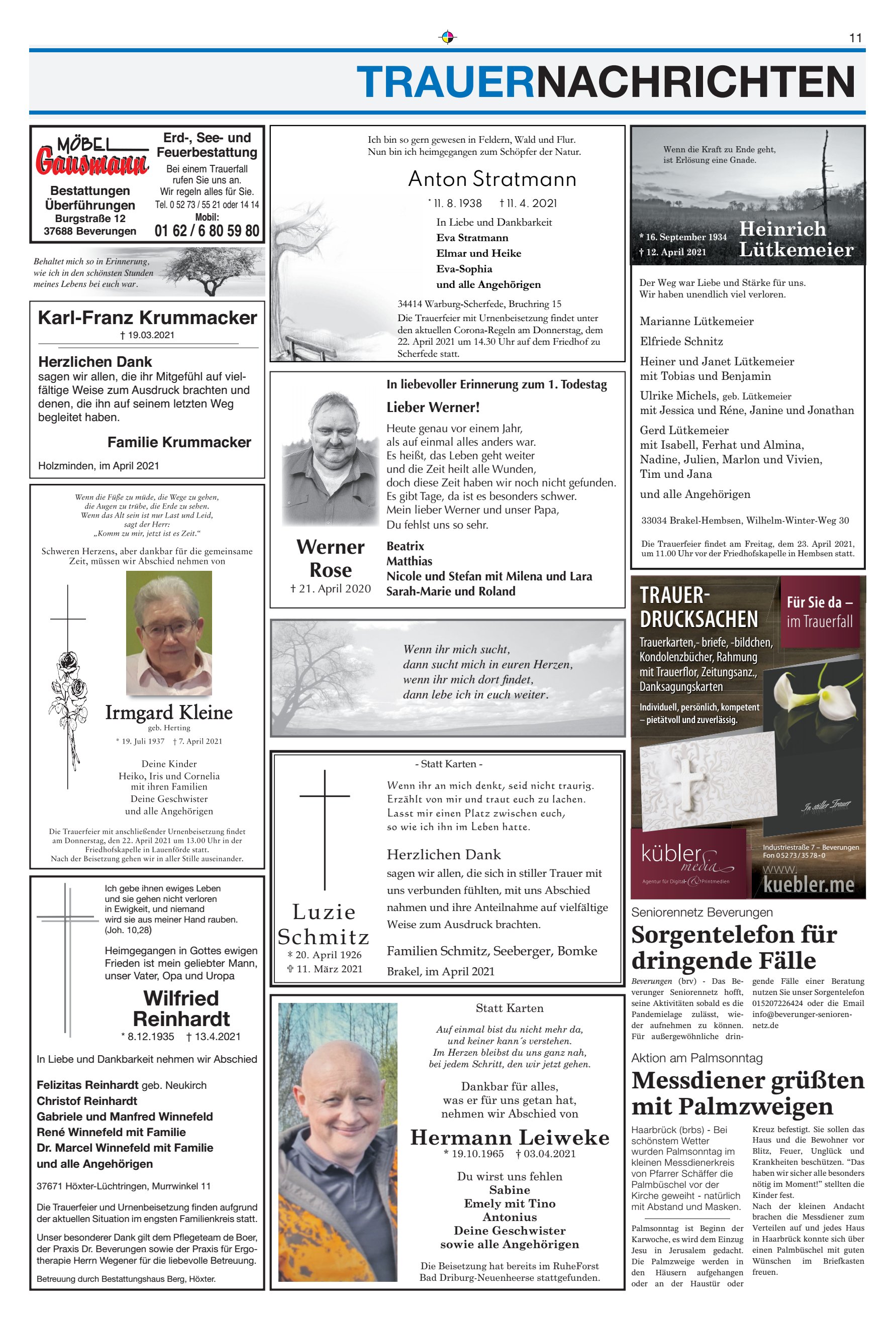 TRAUERNACHRICHTEN Sorgentelefon dringende
