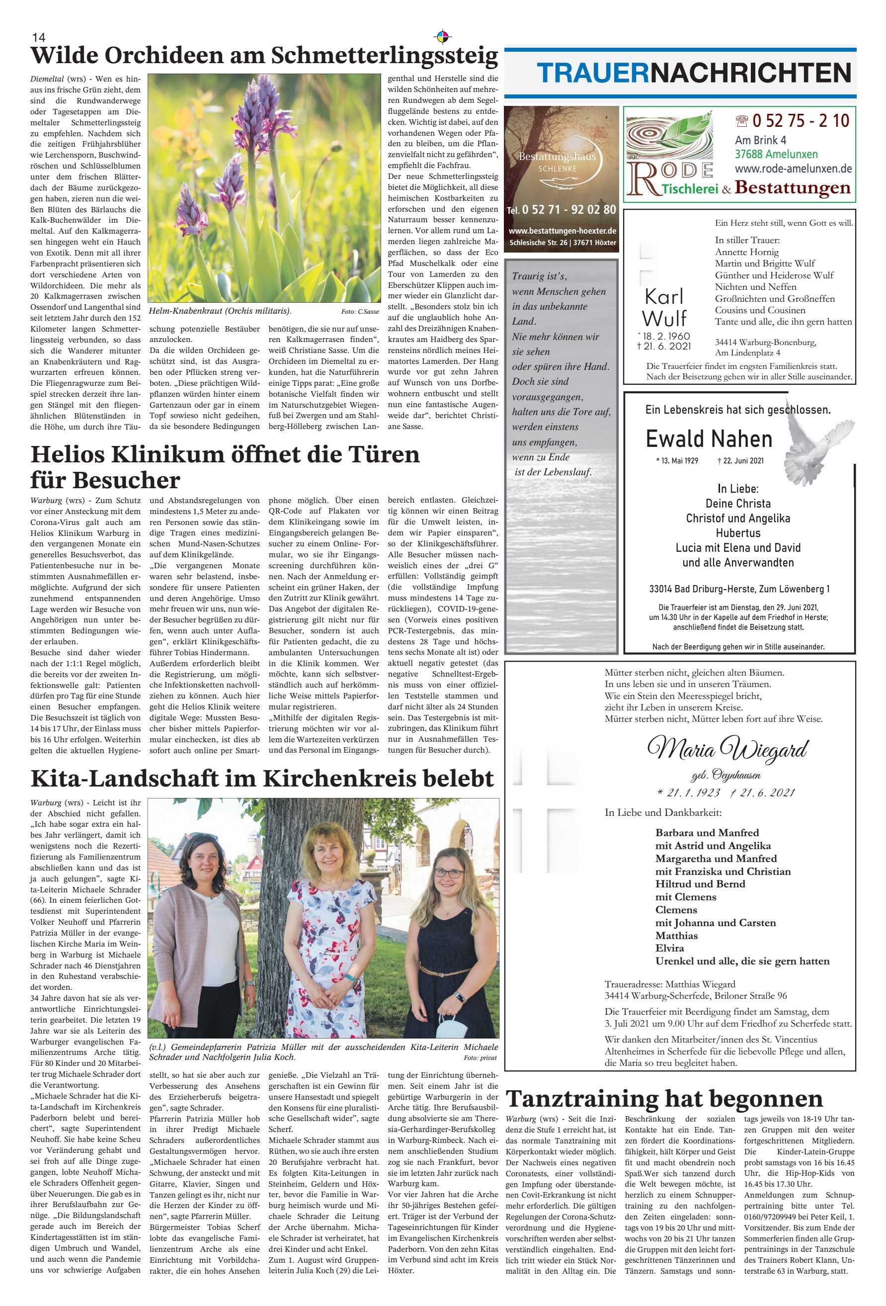TRAUERNACHRICHTEN Tanztraining begonnen