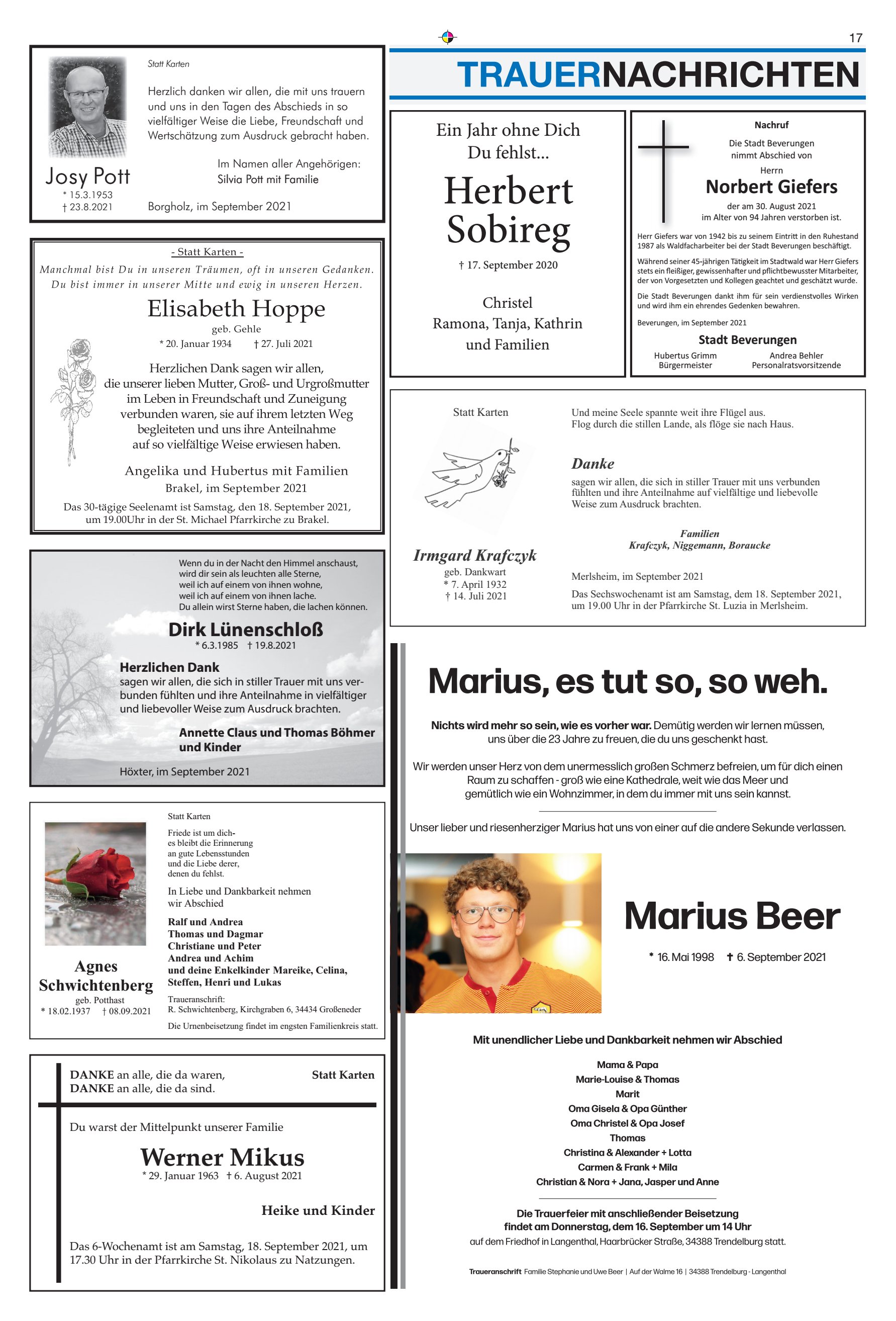 Marius Beer TRAUERNACHRICHTEN