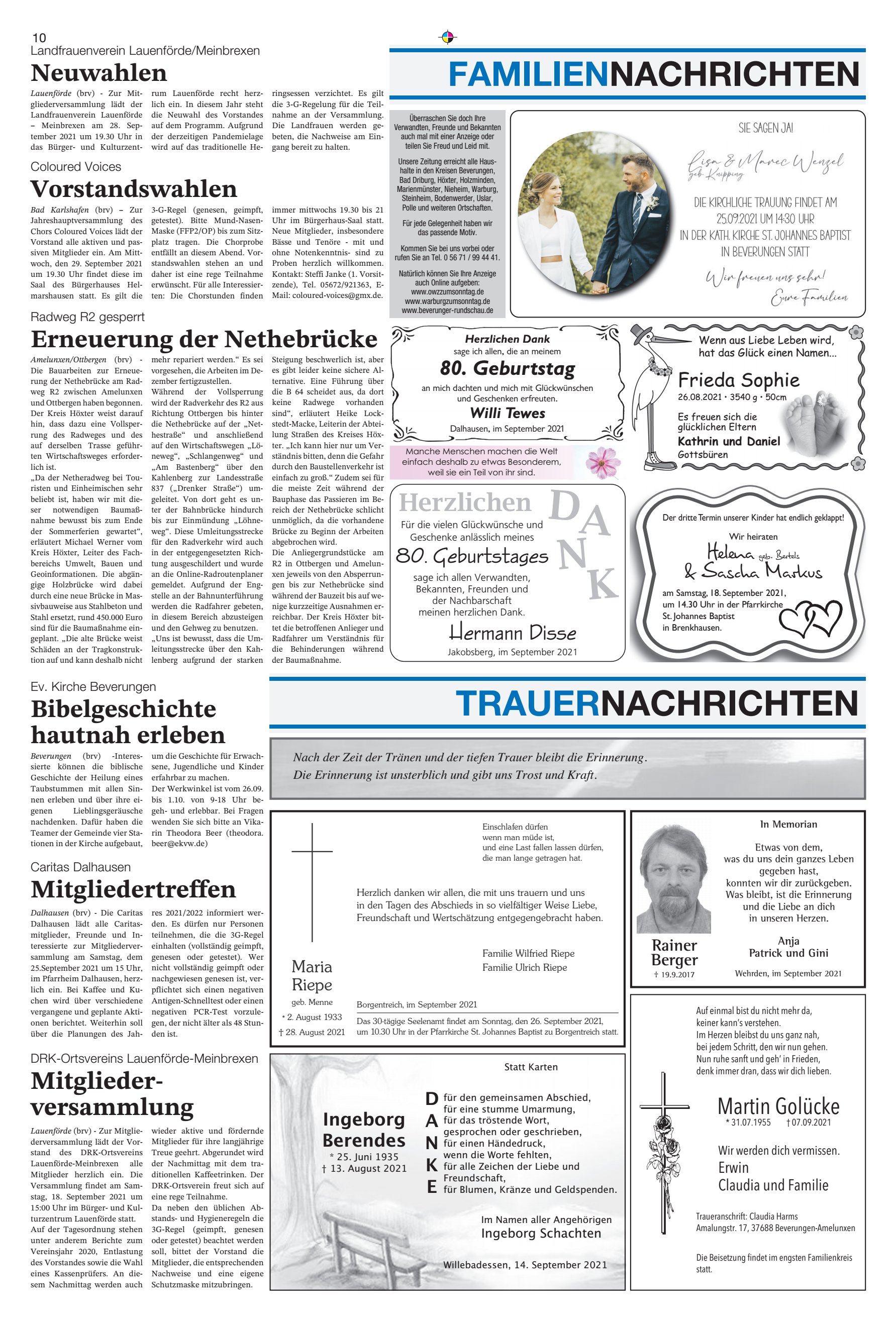 TRAUERNACHRICHTEN FAMILIENNACHRICHTEN Mitgliedertreffen
