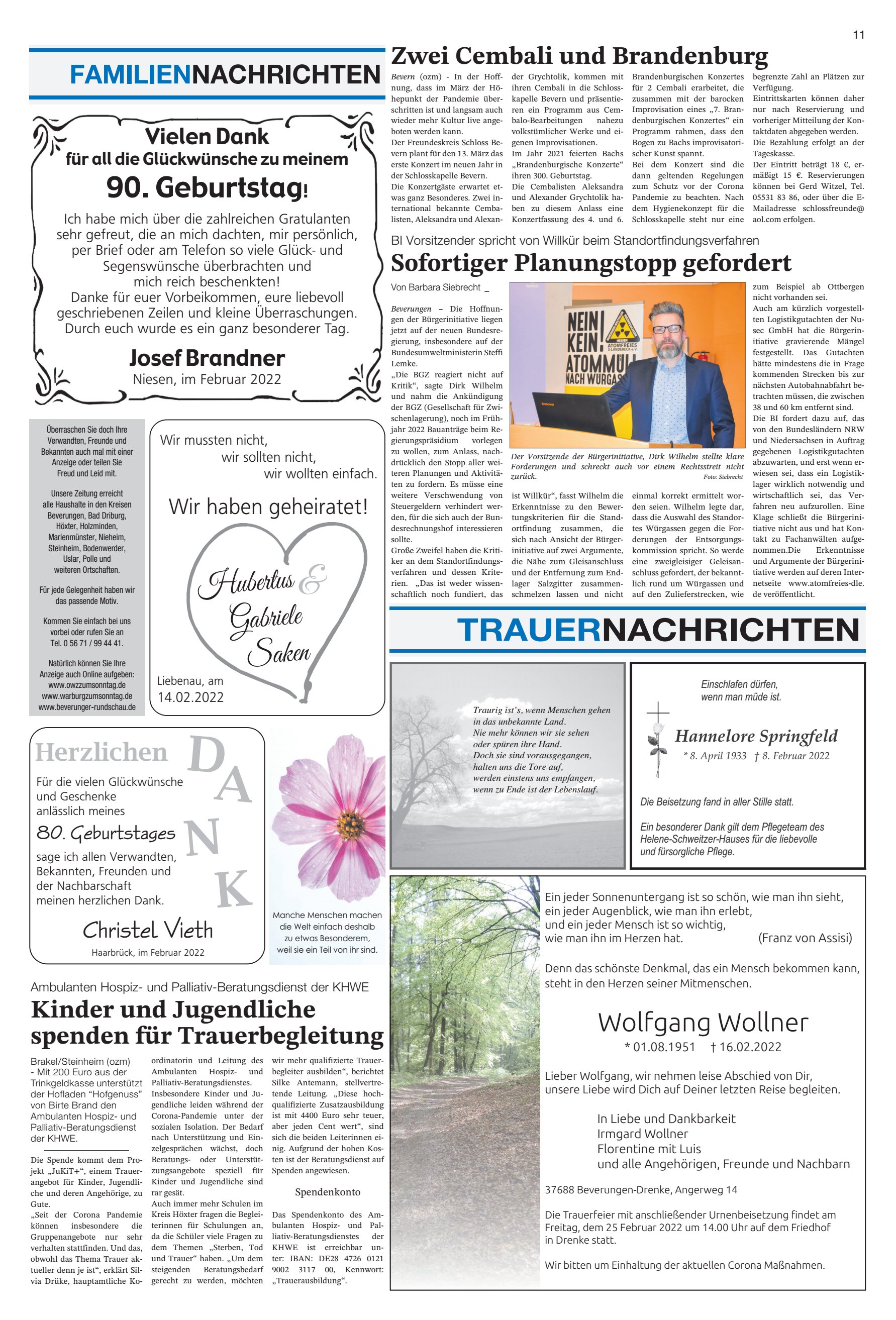 TRAUERNACHRICHTEN FAMILIENNACHRICHTEN Sofortiger