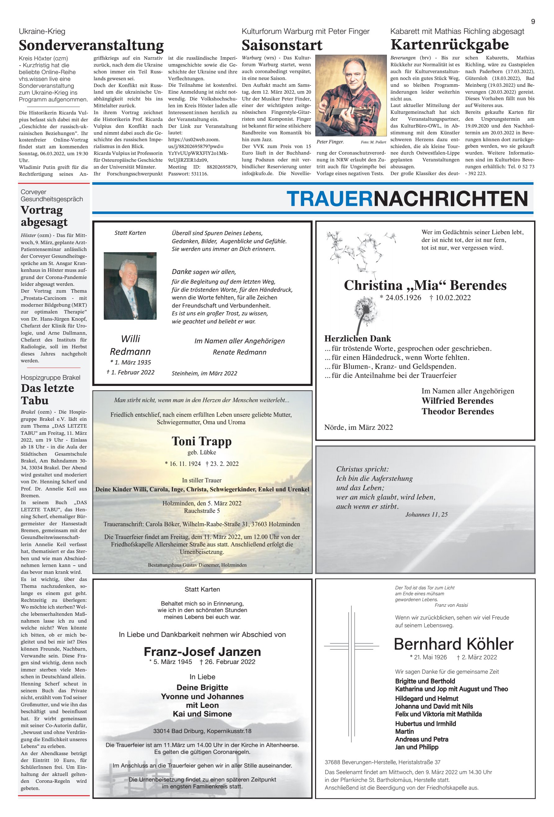 TRAUERNACHRICHTEN Saisonstart Kartenrückgabe