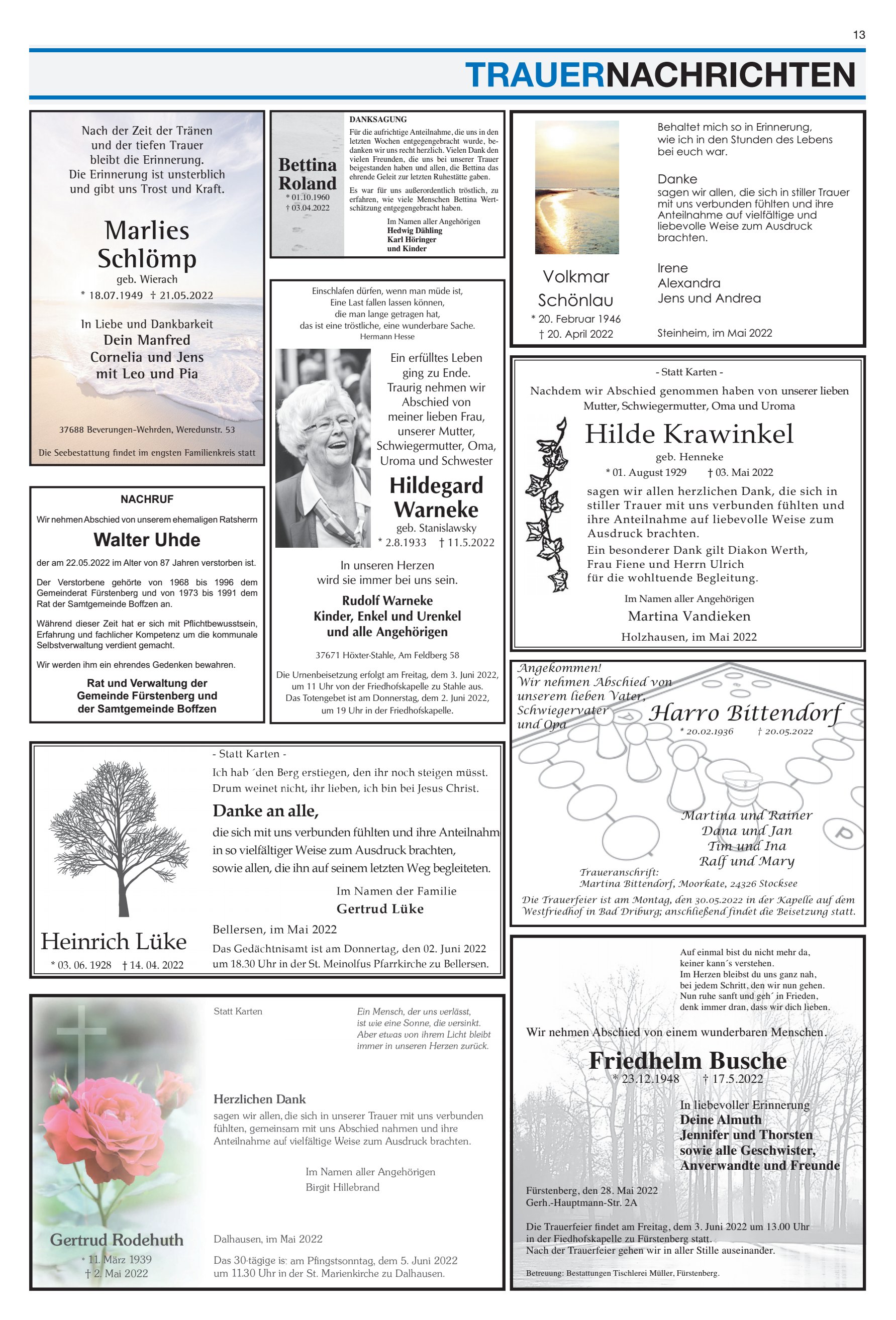 TRAUERNACHRICHTEN Marlies Schlömp