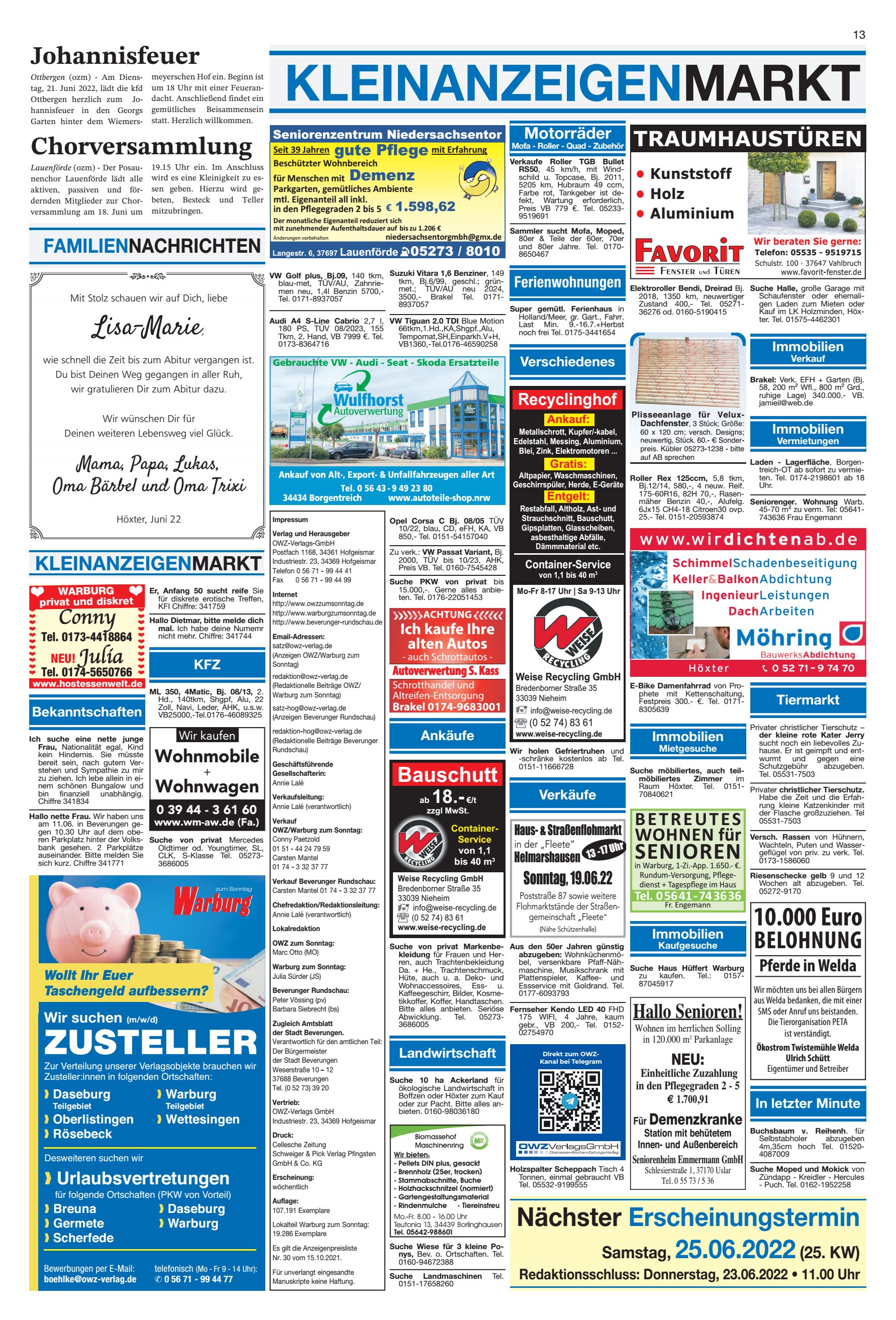 KLEINANZEIGENMARKT Johannisfeuer Chorversammlung