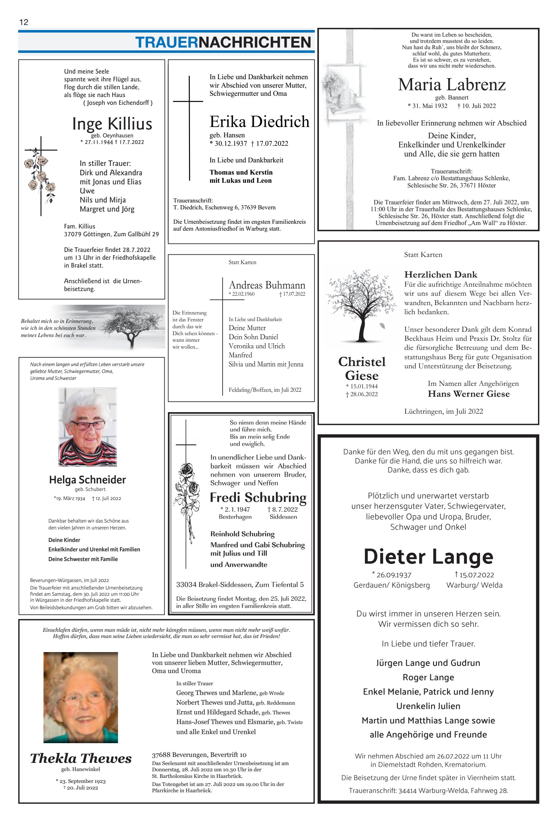 Dieter Lange TRAUERNACHRICHTEN