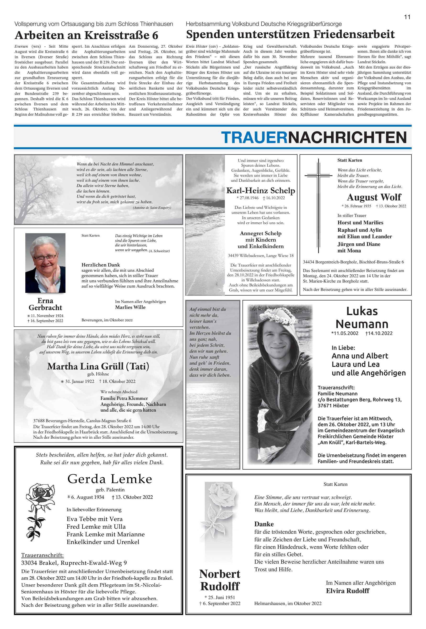 TRAUERNACHRICHTEN Arbeiten Kreisstraße
