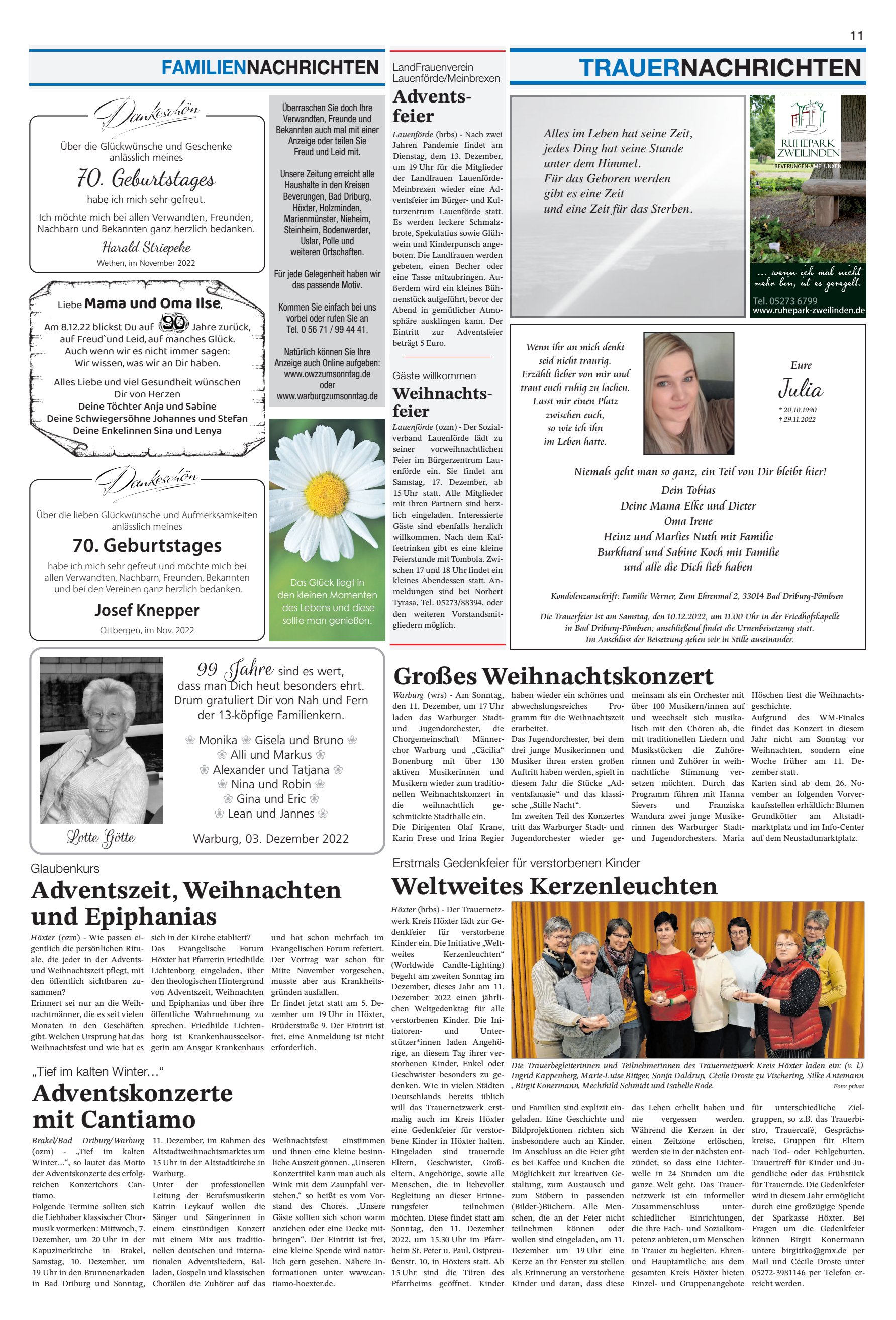 Weltweites Kerzenleuchten Adventskonzerte