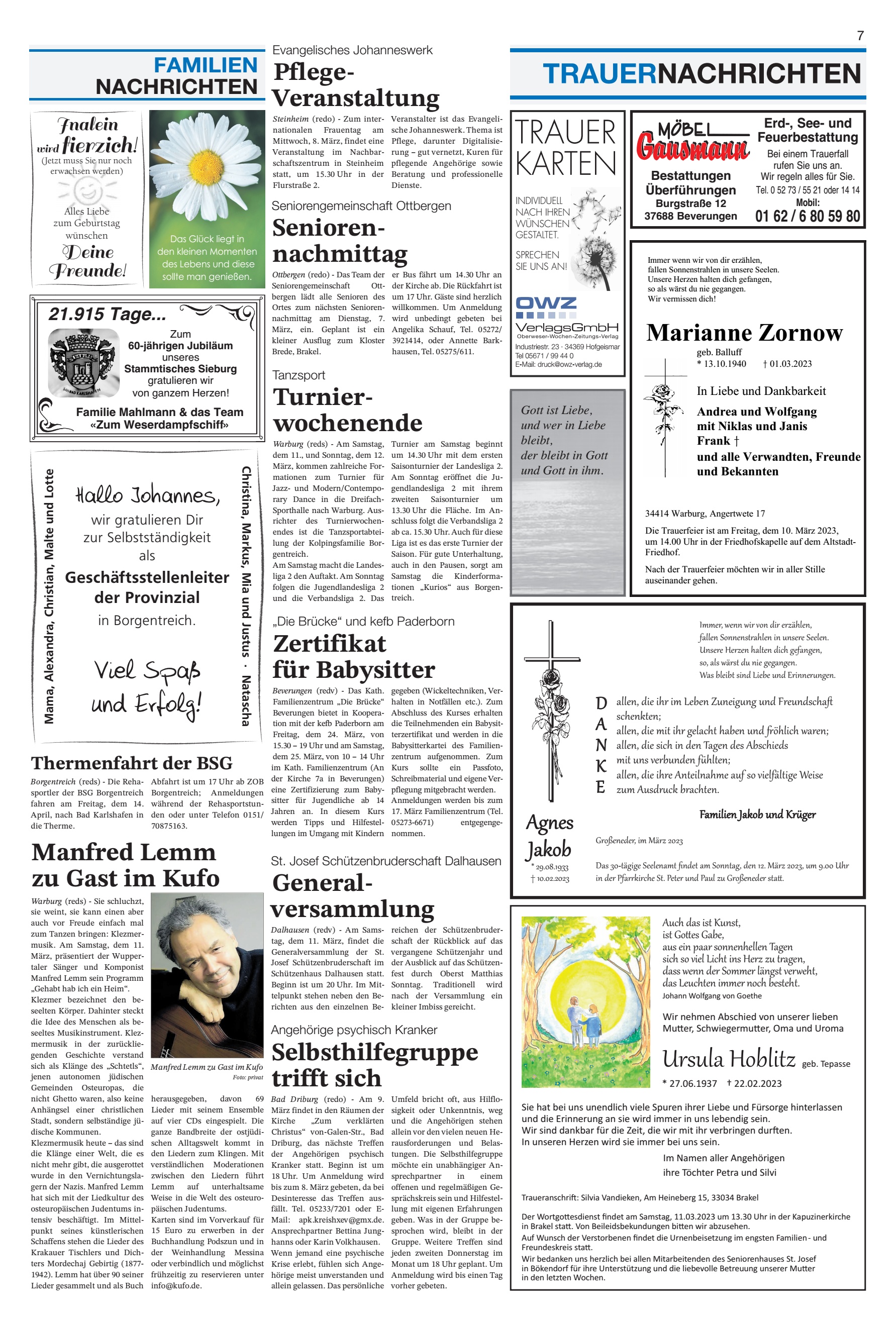 TRAUERNACHRICHTEN Pflege- Veranstaltung