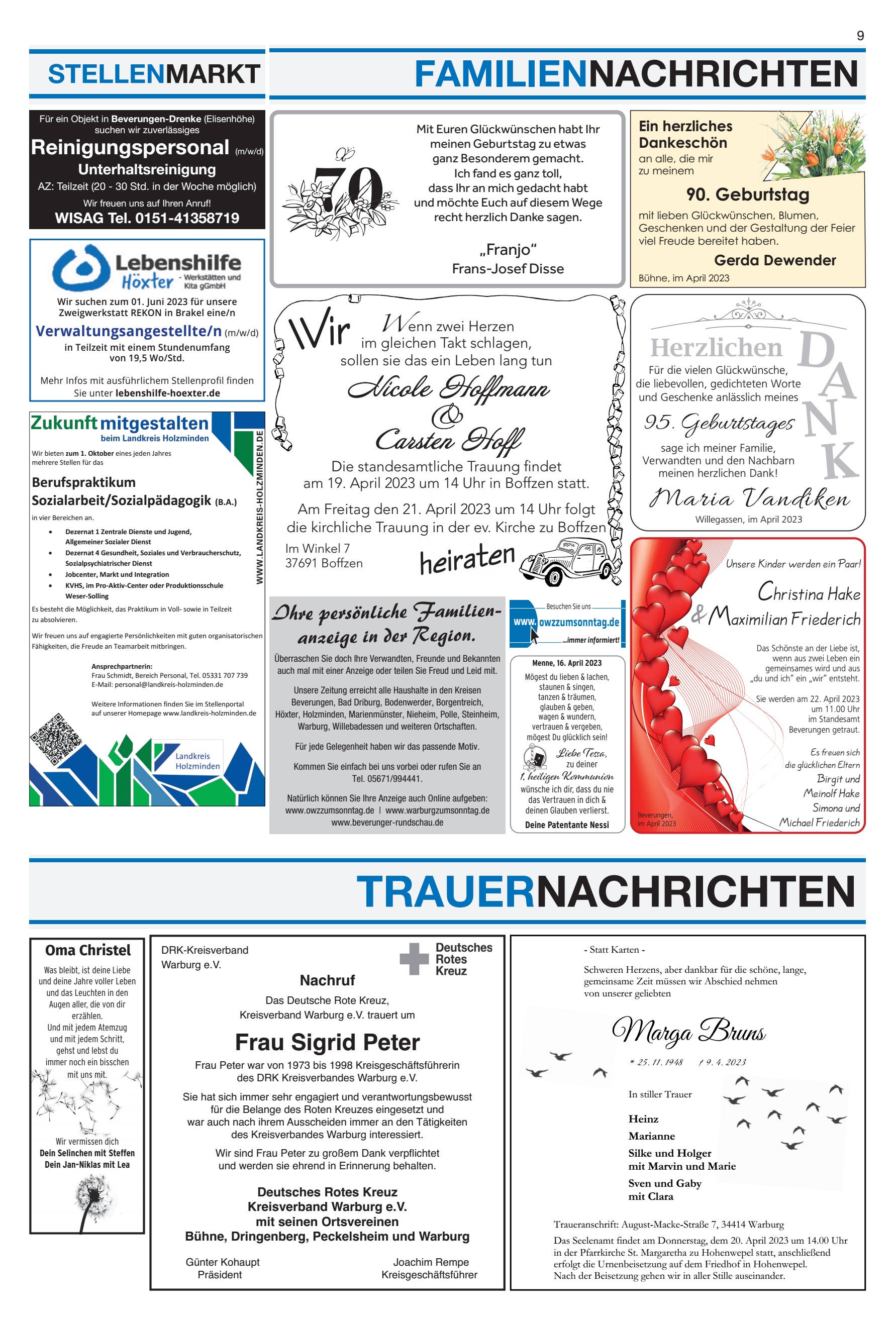TRAUERNACHRICHTEN FAMILIENNACHRICHTEN STELLENMARKT