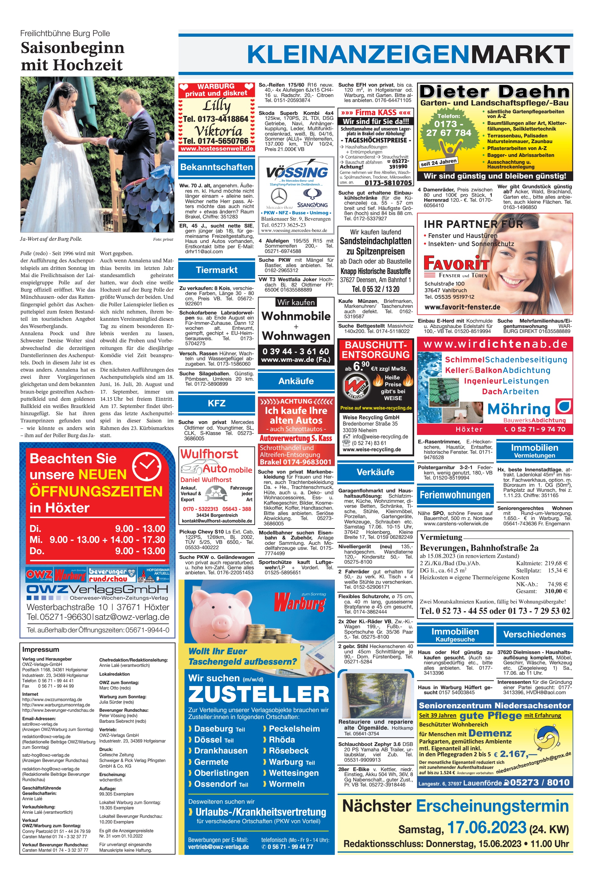 KLEINANZEIGENMARKT Saisonbeginn Hochzeit