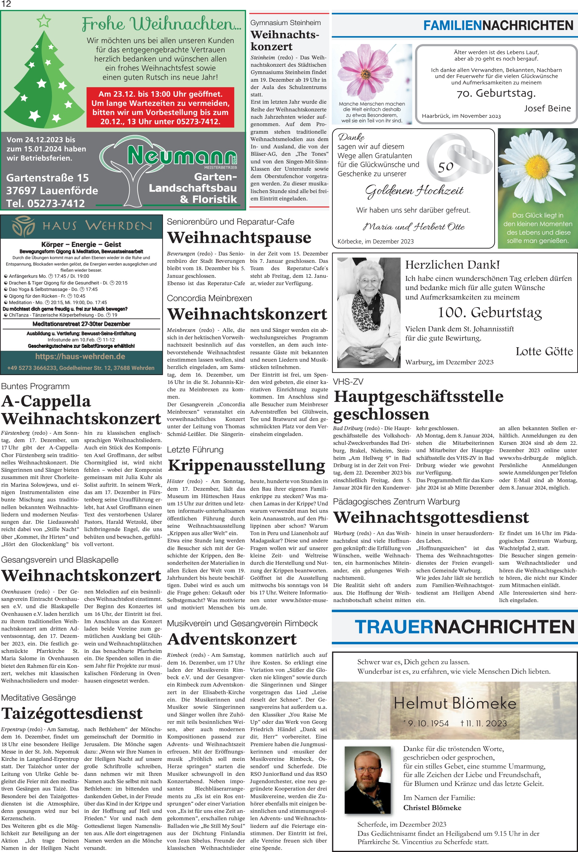 TRAUERNACHRICHTEN Weihnachtsgottesdienst Hauptgeschäftsstelle