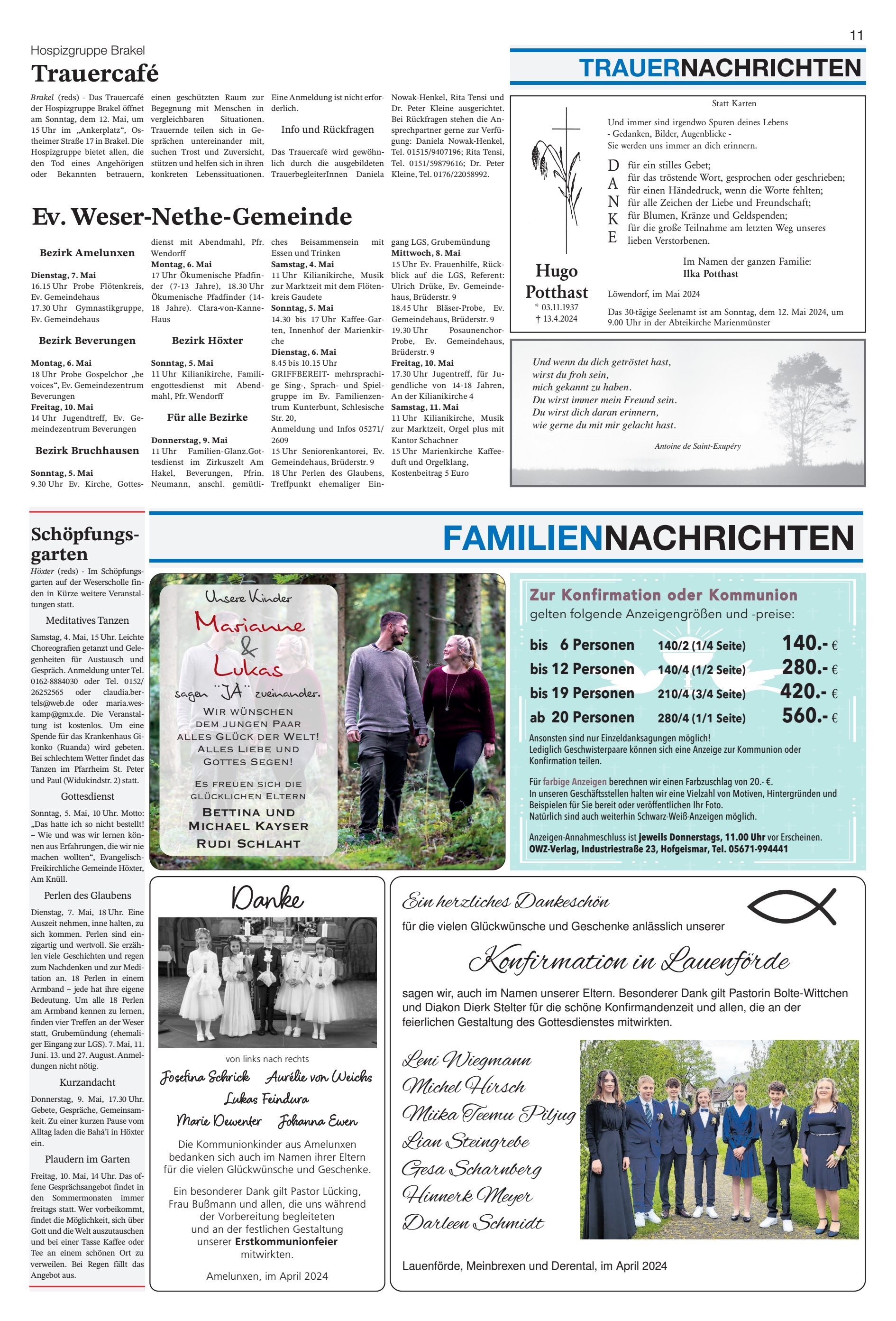 FAMILIENNACHRICHTEN Trauercafé EvWeser-Nethe-Gemeinde